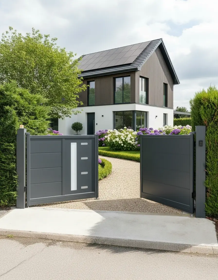 Portail sur mesure posé à Aubevoye par Atout Menuiserie