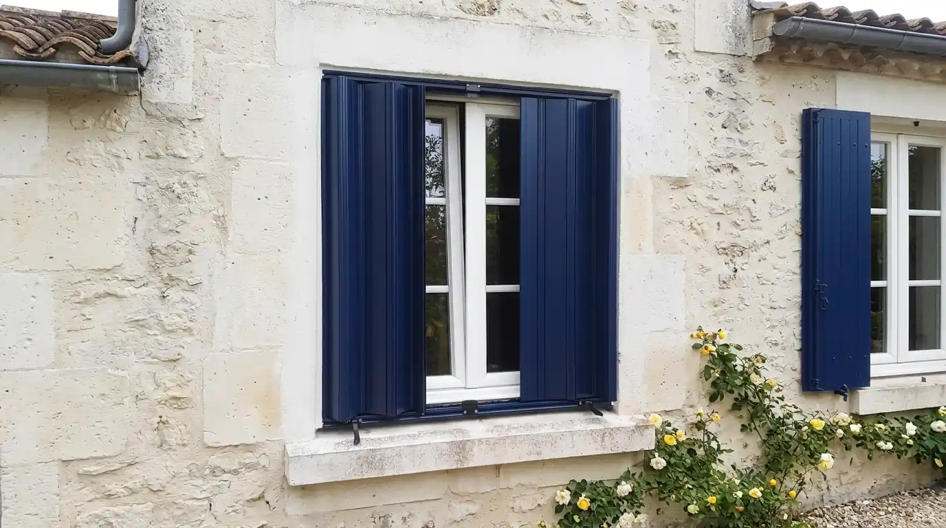 Maison ancienne en pierre avec fenêtres à petits bois et volets bleus